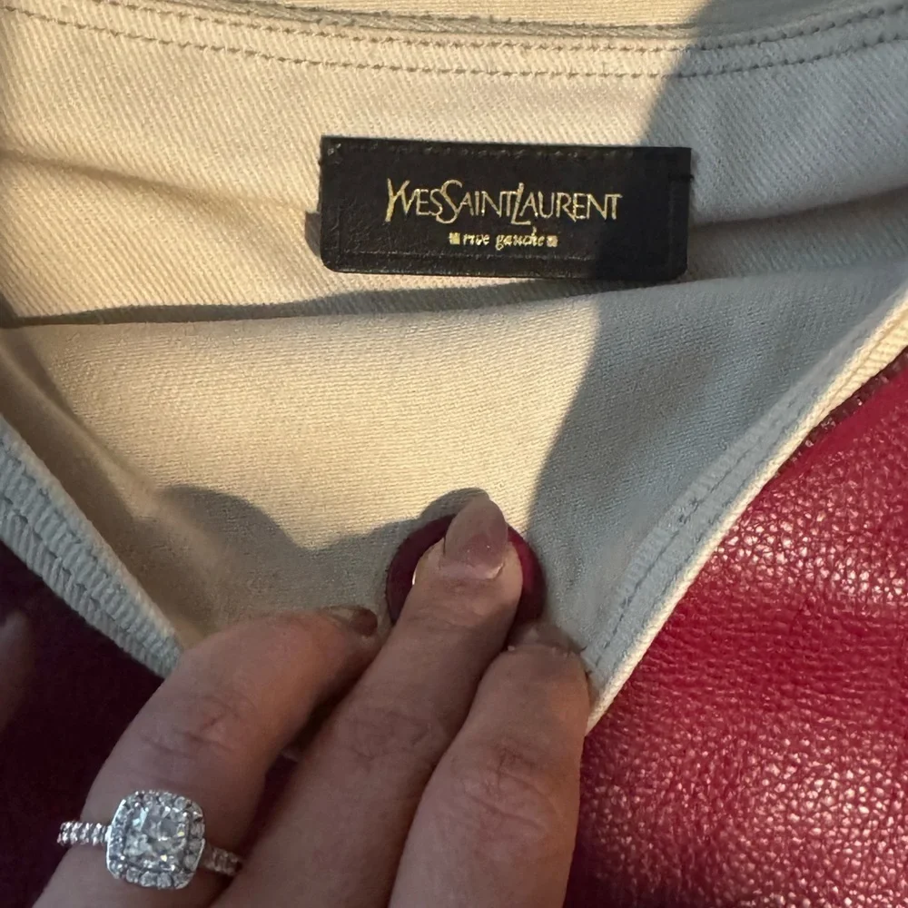 Authentic YVES SAINT LAURENT Muse Toe Leather Canvas Handbag Maroon